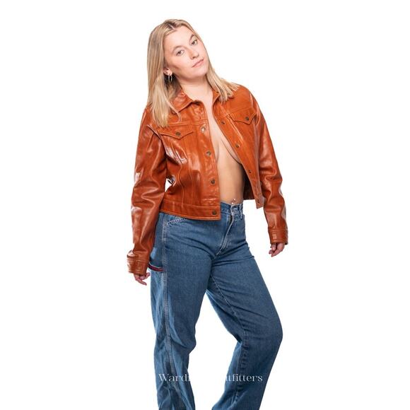 Vintage 90s Cognac Tan Leather Cropped Jacket - Picture 1 of 13